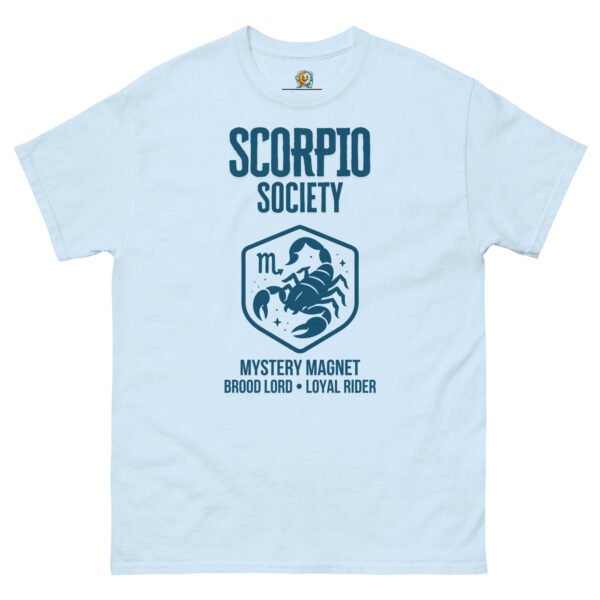 unisex-classic-tee-light-blue-front-68ae281c226c0.jpg Zodiac Society Tee: Scorpio Edition