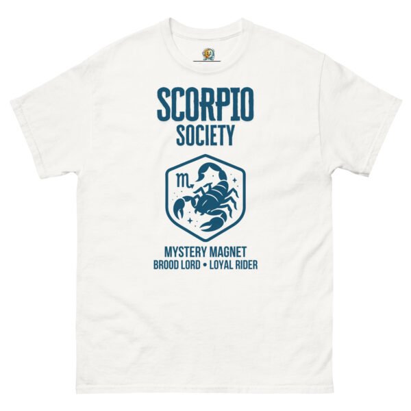 unisex-classic-tee-white-front-68ae281c28721.jpg Zodiac Society Tee: Scorpio Edition